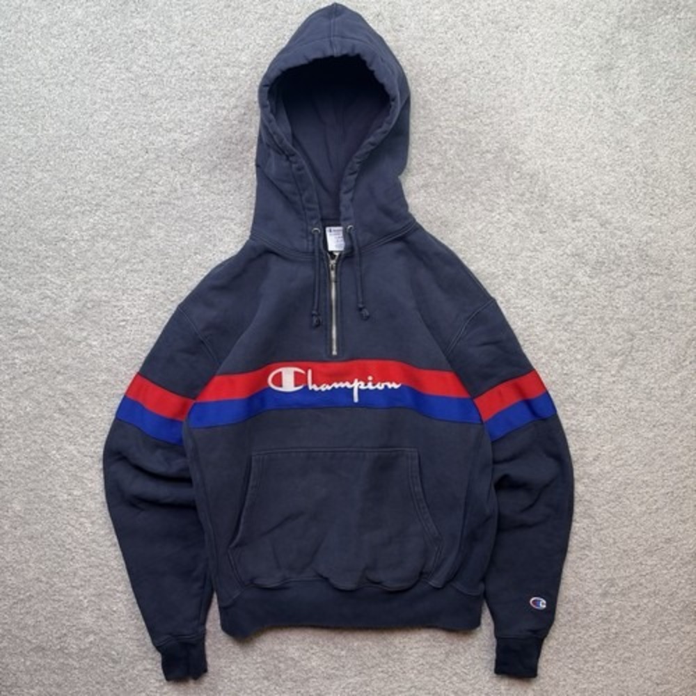Champion Reverse Weave Mens L Navy 1/4 Zip Hoodie Script Logo Colorblock Y2K